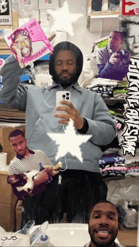 A Man Is Taking A Selfie In Front Of A Wall That Has Stickers On It Including One That Says Nothing Like Frank Ocean GIF