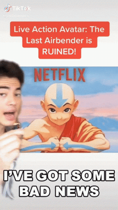 A Man Is Talking In Front Of A Picture Of Avatar Aang And Says " I 'Ve Got Some Bad News " GIF