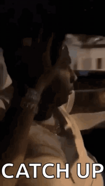 A Man Is Talking On A Cell Phone In A Car And The Words `` Catch Up '' Are Visible . GIF