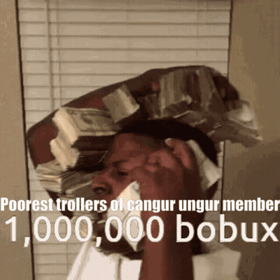 A Man Is Talking On A Cell Phone While Holding A Stack Of Money On His Head GIF