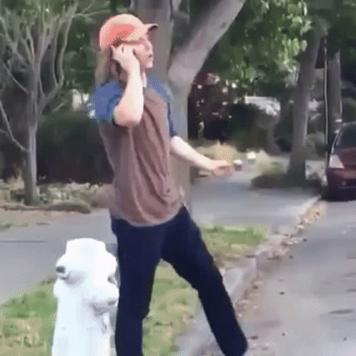 A Man Is Talking On A Cell Phone While Standing Next To A Fire Hydrant . GIF