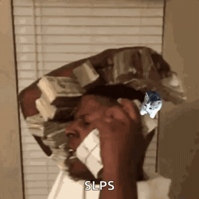 A Man Is Talking On A Cell Phone While Wearing A Hat Made Of Money . GIF