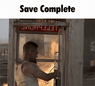 A Man Is Talking On A Phone In Front Of A Phone Booth That Says " Save Complete " GIF