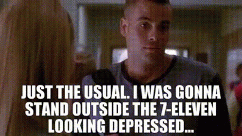 A Man Is Talking To A Woman In A Hallway And Says Just The Usual GIF
