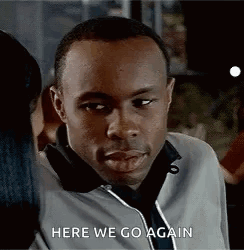 A Man Is Talking To A Woman In A Restaurant And Says `` Here We Go Again '' . GIF