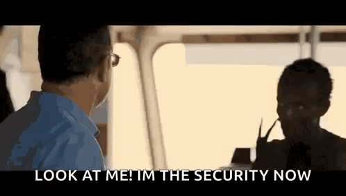A Man Is Talking To A Woman On A Bus And Says `` Look At Me ! I 'M The Security Now '' GIF