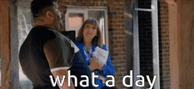 A Man Is Talking To A Woman On A Porch And The Words What A Day Are Next To Him GIF