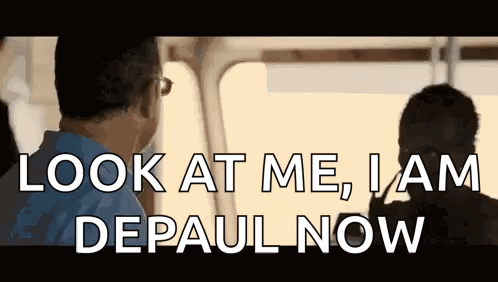 A Man Is Talking To Another Man On A Bus And Says `` Look At Me , I 'M Depaul Now '' . GIF