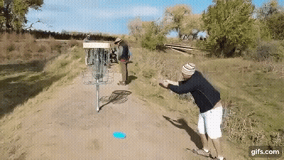 A Man Is Throwing A Frisbee Into A Basket On A Disc Golf Course . GIF