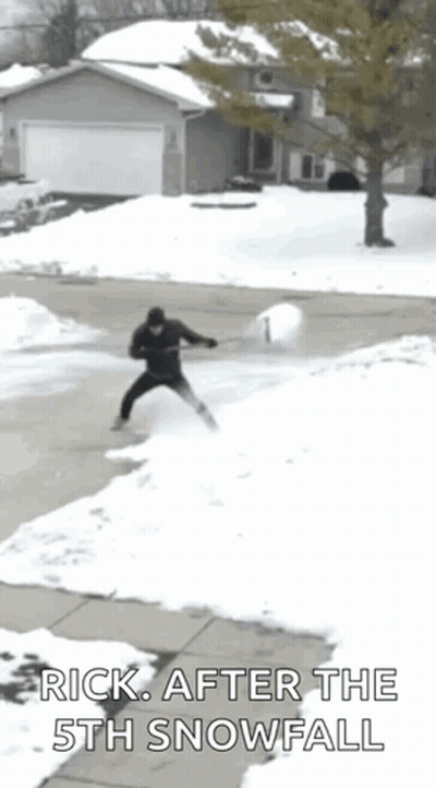 A Man Is Throwing A Snowball In A Driveway With The Words Rick After The 5Th Snowfall Below Him GIF