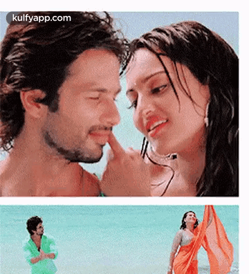 A Man Is Touching A Woman 'S Nose While A Woman In An Orange Sari Is Standing In The Water . GIF