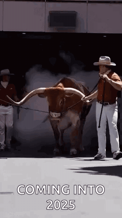 A Man Is Walking A Longhorn Bull On A Leash In Front Of A Building . GIF