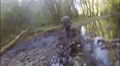 A Man Is Walking Across A Muddy Stream In A Forest . GIF