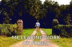 A Man Is Walking Down A Dirt Road With The Words " Me Leaving Work On Friday " On The Bottom GIF