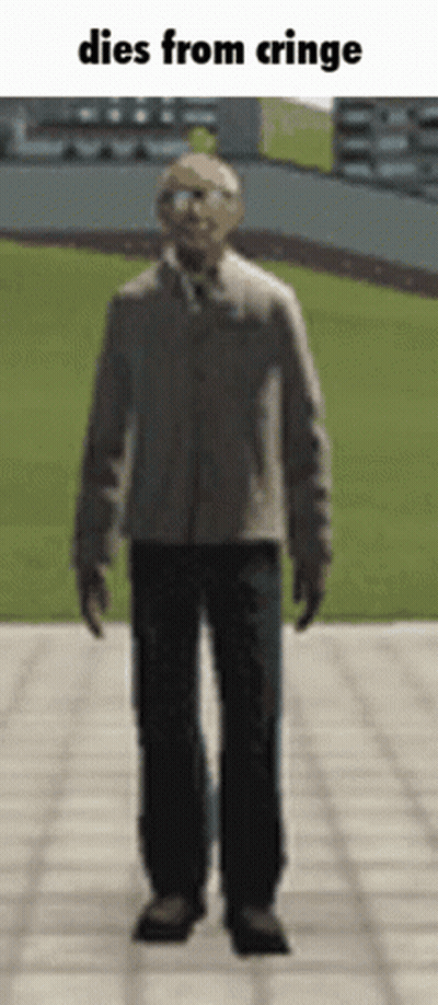 A Man Is Walking Down A Sidewalk With The Words Dies From Cringe Above Him GIF