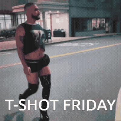 A Man Is Walking Down A Street With The Words " T-Shot Friday " Written Below Him GIF