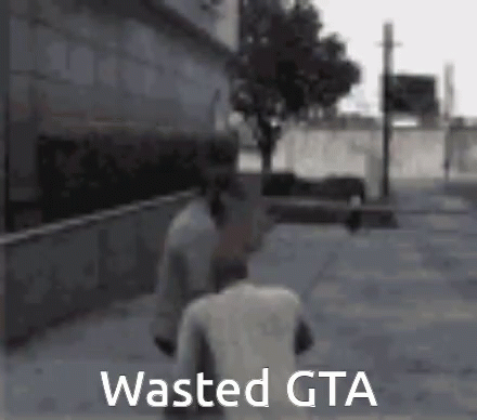 A Man Is Walking Down A Street With The Words `` Wasted Gta '' Written On The Bottom Of The Image . GIF