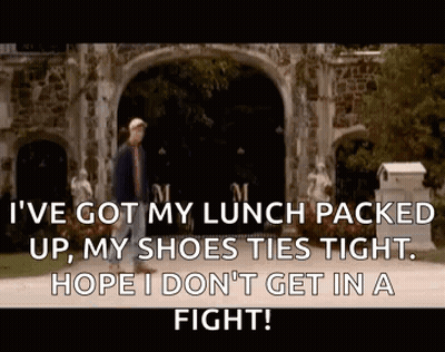 A Man Is Walking In Front Of A Stone Archway With The Words I 'Ve Got My Lunch Packed Up My Shoes Ties Tight GIF