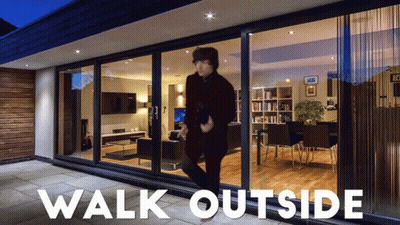 A Man Is Walking Out Of A House With The Words Walk Outside Written Below Him GIF