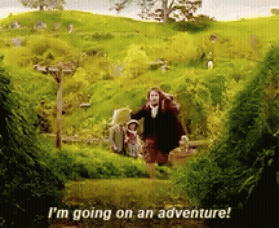 A Man Is Walking Through A Grassy Field With The Words I 'M Going On An Adventure GIF