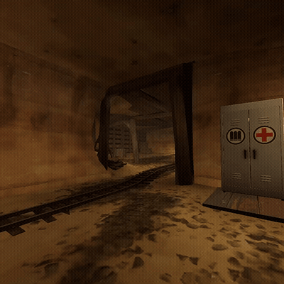 A Man Is Walking Through A Tunnel With A Red Cross On A Cabinet GIF