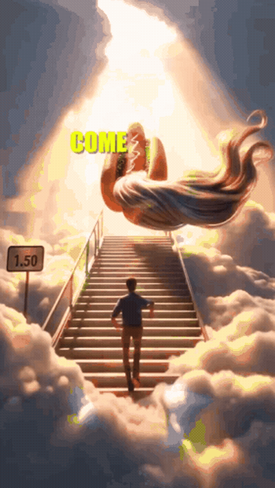 A Man Is Walking Up A Set Of Stairs With A Sign That Says 1.50 GIF