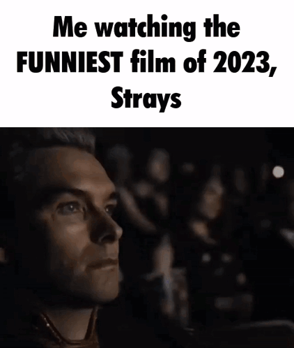 a man is watching the funniest film of 2023 , strays in a movie theater .
