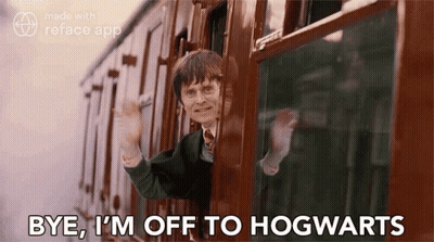 A Man Is Waving Out Of A Train Window And Saying Bye , I 'M Off To Hogwarts . GIF