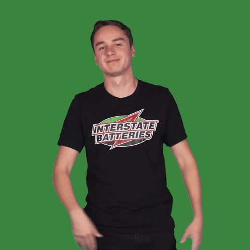A Man Is Wearing A Black Shirt That Says Interstate Batteries On It GIF