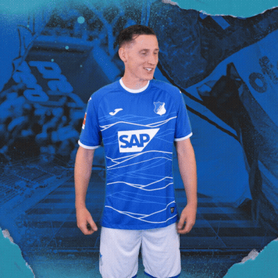 A Man Is Wearing A Blue Shirt With The Word Sap On It GIF