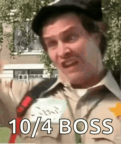 A Man Is Wearing A Hat And A Name Tag That Says ' 10/4 Boss ' GIF