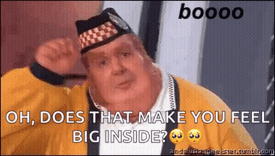 A Man Is Wearing A Hat And A Yellow Jacket And Says `` Oh , Does That Make You Feel Big Inside '' . GIF