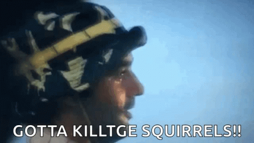 A Man Is Wearing A Helmet And A Headband And Says `` Gotta Killtge Squirrels ! '' GIF
