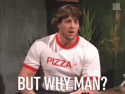 A Man Is Wearing A Pizza Shirt And Says But Why Man GIF