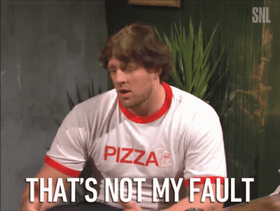 A Man Is Wearing A Pizza Shirt And Says That 'S Not My Fault GIF