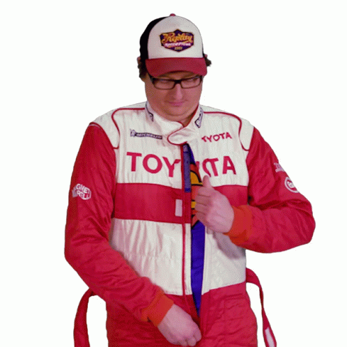 A Man Is Wearing A Red And White Toyota Racing Suit GIF