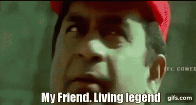 A Man Is Wearing A Red Hat And Says " My Friend Living Legend " GIF