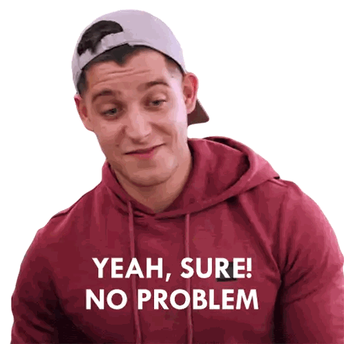 A Man Is Wearing A Red Hoodie That Says Yeah Sure No Problem Sticker