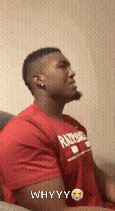 A Man Is Wearing A Red Shirt That Says Whyyy GIF