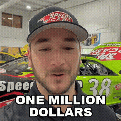 A Man Is Wearing A Speedy Cash Hat And Says One Million Dollars GIF