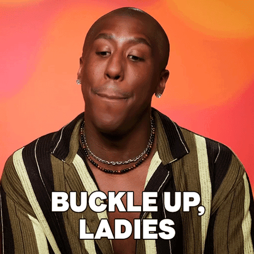 A Man Is Wearing A Striped Shirt And Says Buckle Up Ladies GIF