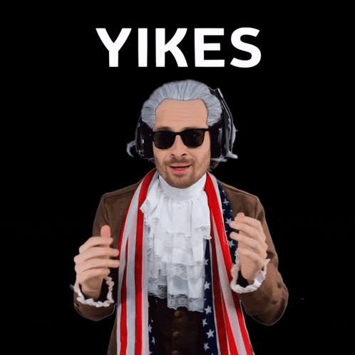 A Man Is Wearing A Wig And Sunglasses And The Word Yikes Is Above Him GIF