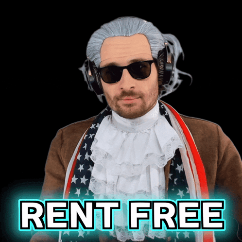A Man Is Wearing A Wig And Sunglasses And The Words Rent Free Are Above Him GIF