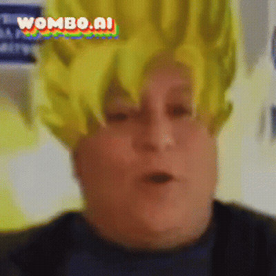 A Man Is Wearing A Yellow Wig With The Words Wombo.ai On The Bottom GIF