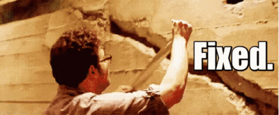 A Man Is Working On A Wall And The Word Fixed Is Above Him GIF