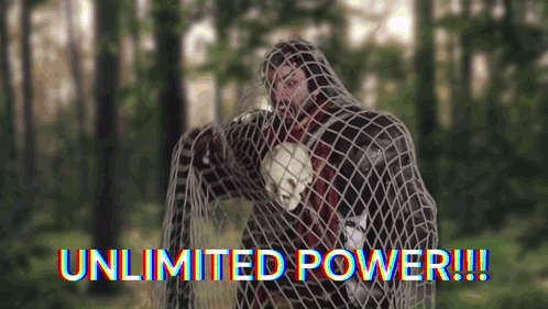 A Man Is Wrapped In A Fishing Net With The Words " Unlimited Power " Above Him GIF