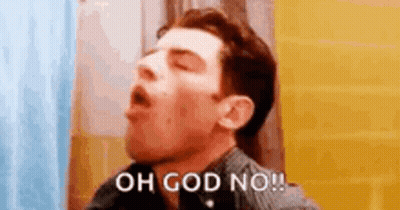 A Man Is Yawning In A Bathroom With His Mouth Open And The Words `` Oh God No '' Written On His Face . GIF