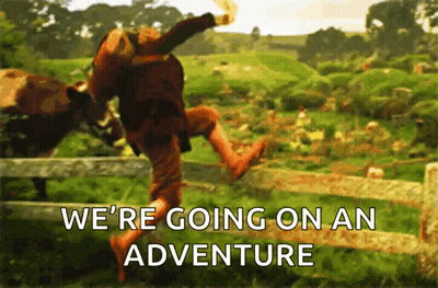 A Man Jumping Over A Fence With The Words We 'Re Going On An Adventure Written Below Him GIF