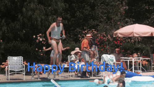 A Man Jumps Into A Swimming Pool With The Words Happy Birthday Written On The Bottom GIF