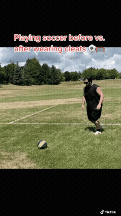 A Man Kicking A Soccer Ball On A Field With The Caption Playing Soccer Before Vs After Wearing Cleats GIF